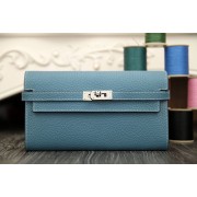 Copy Luxury Replica Hermes Kelly Longue Wallet In Jean Blue Clemence Leather HJ00678