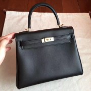 Faux Hermes Black Swift Kelly 25cm Retourne Handmade Bag HJ00772