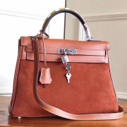 Hermes Brown Suede Kelly 32cm Bag With Zigzag Handle Replica HJ00290