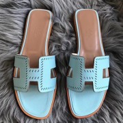 Imitation Best Quality Cheap Hermes Oran Perforated Sandals In Blue Atoll Epsom Leather HJ01276