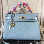 Luxury Hermes Blue Lin Clemence Kelly 32cm Retourne Bag HJ01129