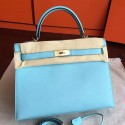 Designer Hermes Blue Atoll Epsom Kelly 32cm Sellier Handmade Bag HJ01228