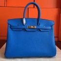 High End Hermes Blue Hydar Clemence Birkin 35cm Handmade Bag HJ00326