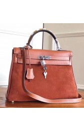 Hermes Brown Suede Kelly 32cm Bag With Zigzag Handle Replica HJ00290