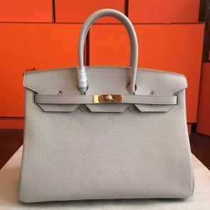 Knockoff Hermes Pearl Grey Clemence Birkin 35cm Handmade Bag HJ00823
