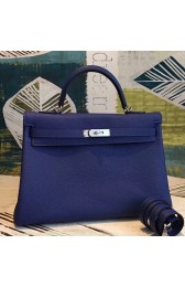 High Quality Knockoff Hermes Blue Clemence Kelly 35cm Handmade Bag HJ00912