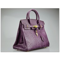 Copy Hermes Autruche Ostrich Birkin 30cm Bag Hand Stitched Gold Hardware Handstitched, Violet 5C RS12179