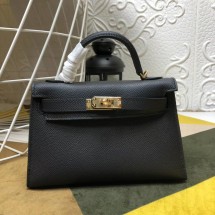 Replica Hermes Kelly Mini II In Original leather 20cm Golden Hardware Black Bag RS26223